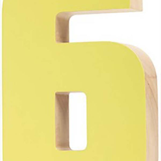 [6] Escultura en forma de letra, """6"", madera de caucho/amarillo neón"