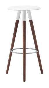 Taburete Vig, laca blanca/nogal. A77½xØ42cm.